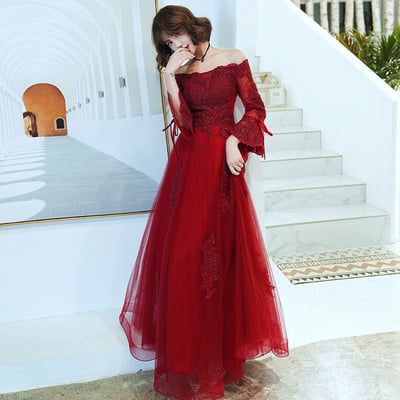 Burgundy tulle lace prom dress formal dress - Thumbnail 4