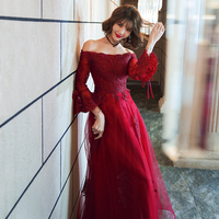 Burgundy tulle lace prom dress formal dress - Thumbnail 1