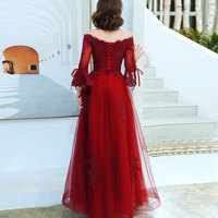 Burgundy tulle lace prom dress formal dress - Thumbnail 4