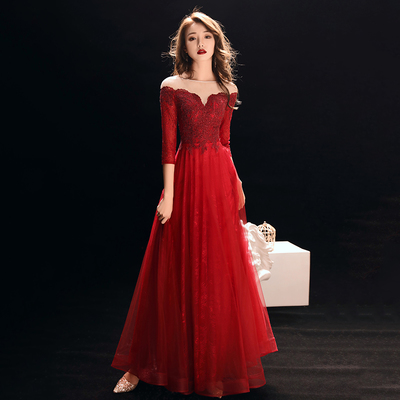 Burgundy lace tulle prom dress evening dress - Thumbnail 5