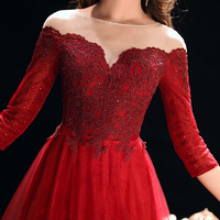 Burgundy lace tulle prom dress evening dress - Thumbnail 1