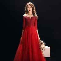 Burgundy lace tulle prom dress evening dress - Thumbnail 2