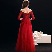 Burgundy lace tulle prom dress evening dress - Thumbnail 4