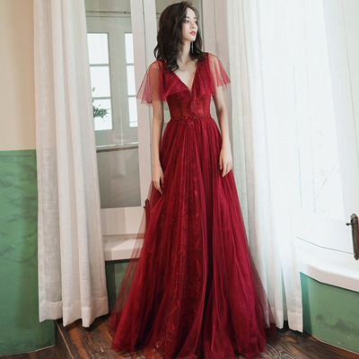 Burgundy tulle long prom dress evening dress - Thumbnail 4