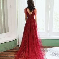 Burgundy tulle long prom dress evening dress - Thumbnail 3