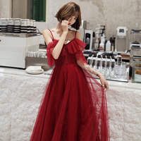 Burgundy lace long prom dress simple evening dress - Thumbnail 1