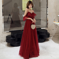 Burgundy lace long prom dress simple evening dress - Thumbnail 2