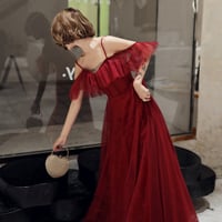 Burgundy lace long prom dress simple evening dress - Thumbnail 4