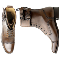 Handmade Brown Men's Lace Up With Double Monk Straps Ankle Leather Boot - Thumbnail 2