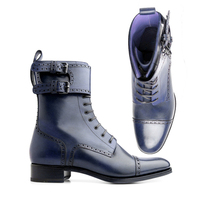 New Men Handmade Navy Cap Toe Boot Double Monk Strap Buckle - Thumbnail 1