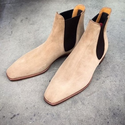 Handmade men beige suede chelsea boots, men beige casual ankle boots, men boots - Thumbnail 5