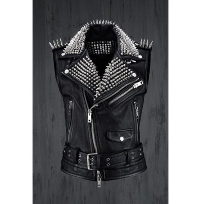 Handmade Men Rock Punk style Belted leather Vest, Men black biker studded jacket