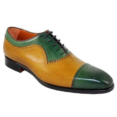 Handmade green tan brogue lace up leather shoes for men's - Thumbnail 2