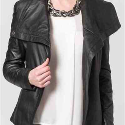 Women black leather jacket, women wide collar fashion leather