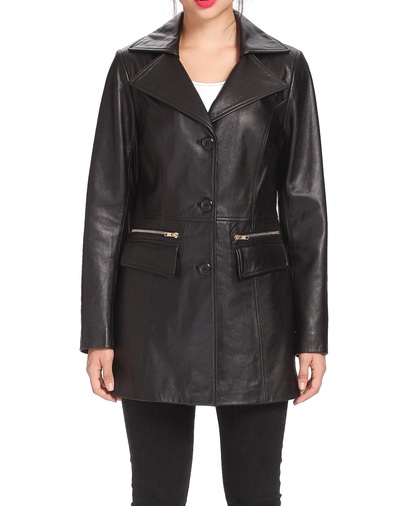 Women Black Color Genuine Lamb Skin Car Coat, Women Black Long Coat, Women leather walking coat