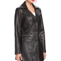 Women Black Color Genuine Lamb Skin Car Coat, Women Black Long Coat, Women leather walking coat - Thumbnail 4