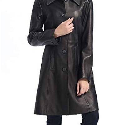 Women black color genuine lamb skin walking coat, women black long coat