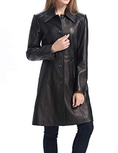 Women Black Color Genuine Lamb Skin Walking Coat, Women Black Long Coat