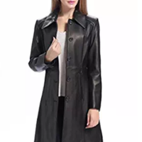 Women Black Color Genuine Lamb Skin Walking Coat, Women Black Long Coat - Thumbnail 2
