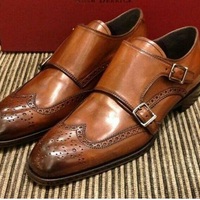 Handmade Men Tan color double monk formal shoes, Men Monk shoes, Men dress shoes - Thumbnail 4