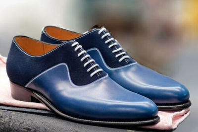 Handmade Men's Oxford Two Tone Shoe Mens Leather & Suede Blue Dress Office Shoe