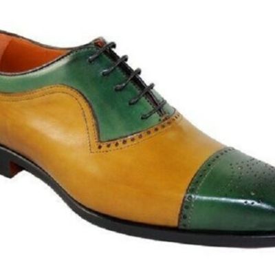 Handmade mens lace up cap toe shoes, mens green tan leather brogue shoes