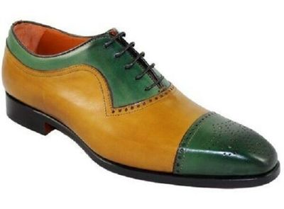 Handmade Mens Lace Up Cap Toe Shoes, Mens Green Tan Leather Brogue Shoes
