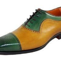 Handmade Mens Lace Up Cap Toe Shoes, Mens Green Tan Leather Brogue Shoes - Thumbnail 1