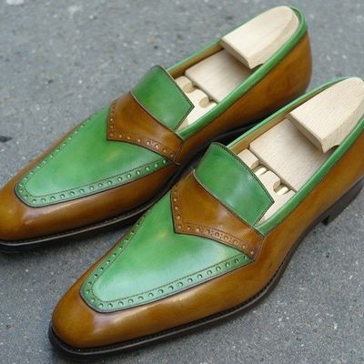 Handmade men two tone formal shoes, men green color and tan dress shoes, men leather moccasins