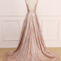 Sexy V-Neck A-Line Backless Champagne Prom Dress with Sequins - Thumbnail 2