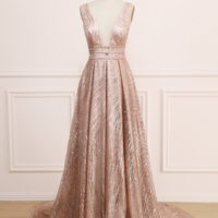 Sexy V-Neck A-Line Backless Champagne Prom Dress with Sequins - Thumbnail 1