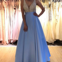 Floor-Length V-neck Sleeveless Blue Prom Dress with Beading - Thumbnail 2