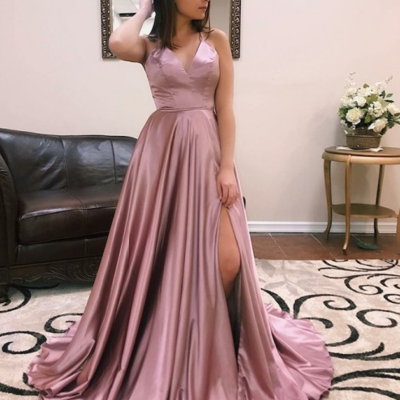 Modest sweep train backless long prom/evening dresses with front split 