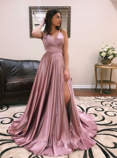 Modest Sweep Train Backless Long Prom/Evening Dresses With Front Split 