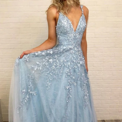 A line v neck sky blue long prom dresses with lace appliques  - Thumbnail 5