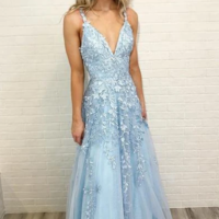 A Line V Neck Sky Blue Long Prom Dresses With Lace Appliques  - Thumbnail 1