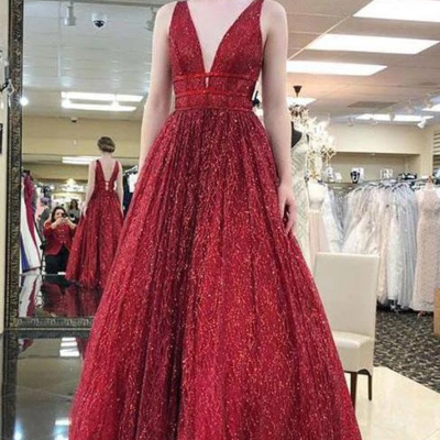 Unique sexy v neck a line burgundy sequins tulle prom dresses  - Thumbnail 4