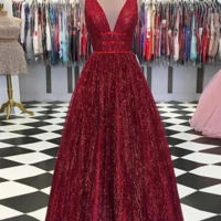 Unique Sexy V Neck A Line Burgundy Sequins Tulle Prom Dresses  - Thumbnail 1