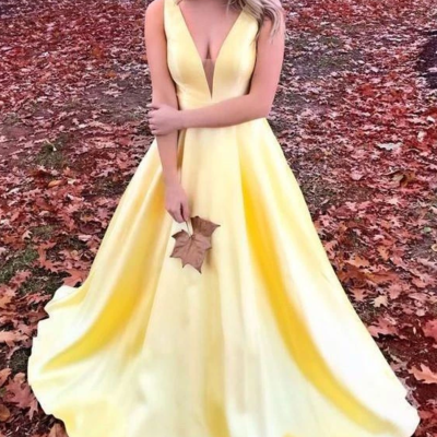 Simple v neck straps long unique yellow satin prom dresses - Thumbnail 5