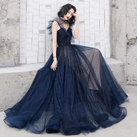 Blue tulle long prom dress blue evening dress - Thumbnail 1