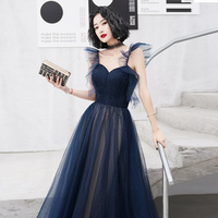 Blue tulle long prom dress blue evening dress - Thumbnail 2