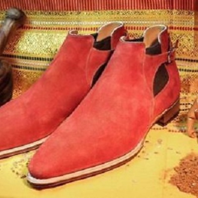 Handmade designer men red color suede ankle boots, men red suede jodhpurs boot