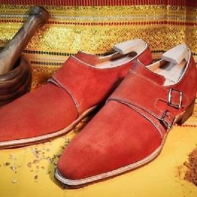Handmade red color double monk party shoes, men designer red suede monk shoes