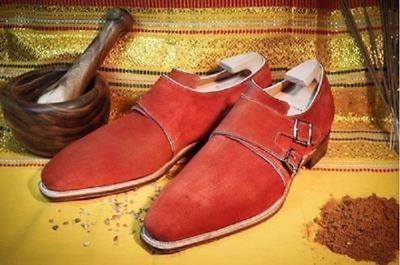 Handmade Red color Double monk Party Shoes, Men designer red suede monk shoes