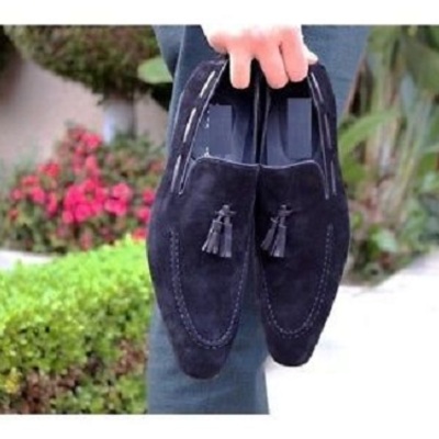 Handmade men navy blue suede tassels shoes, men suede leather moccasins shoes