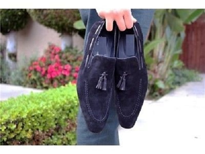 Handmade Men Navy Blue Suede Tassels Shoes, Men Suede Leather Moccasins Shoes