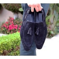 Handmade Men Navy Blue Suede Tassels Shoes, Men Suede Leather Moccasins Shoes - Thumbnail 1
