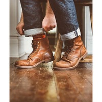 New Handmade Men Round Style Real Brown Tan Leather Ankle Boots, Men ankle boots - Thumbnail 1