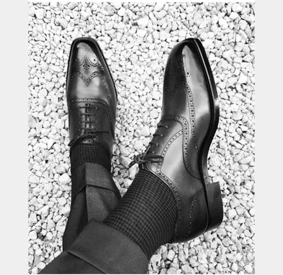 Handmade Men Two Tone Wing Tip Brogue Formal Shoes Men Black Dress Shoes
