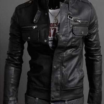 Men stand collar leather jacket, mens black jacket, men's biker leather jacket